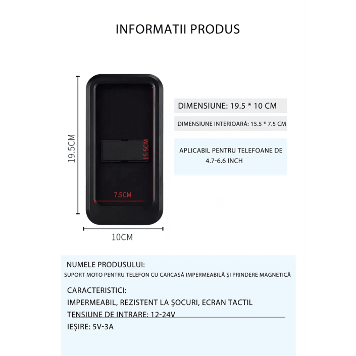 Suport Moto Telefon 360° Rotativ cu Carcasă Impermeabilă și Încărcare USB - Compatibil Telefoane 4.7-6.6 inch, prindere cadru+oglinda