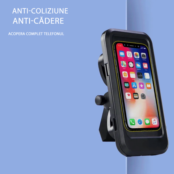 Suport Moto Telefon 360° Rotativ cu Carcasă Impermeabilă și Încărcare USB - Compatibil Telefoane 4.7-6.6 inch, prindere cadru+oglinda