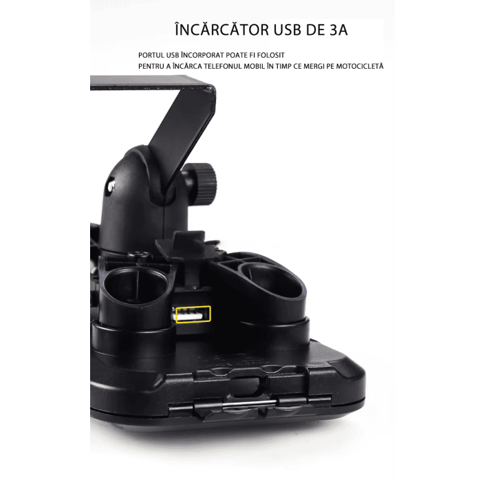 Suport Moto Telefon 360° Rotativ cu Carcasă Impermeabilă și Încărcare USB - Compatibil Telefoane 4.7-6.6 inch, prindere cadru+oglinda