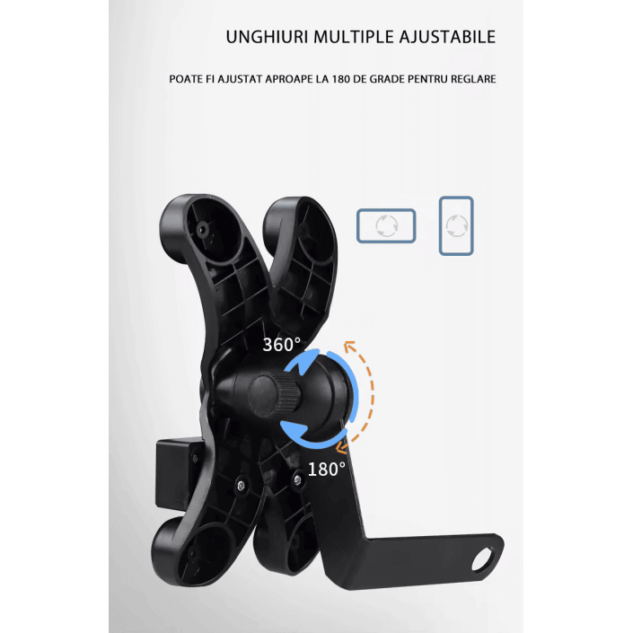 Suport Moto Telefon 360° Rotativ cu Carcasă Impermeabilă și Încărcare USB - Compatibil Telefoane 4.7-6.6 inch, prindere cadru+oglinda